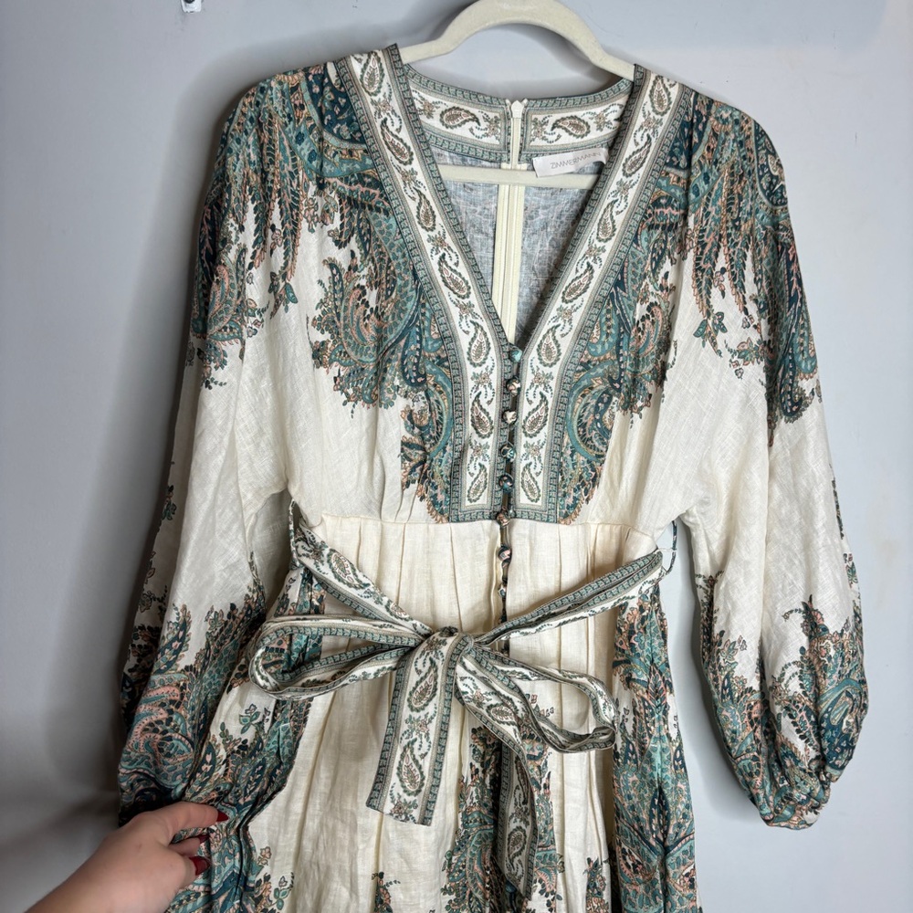 Zimmermann White Mini Dress with Teal and Beige Paisley Embroidery - Picture 9 of 16